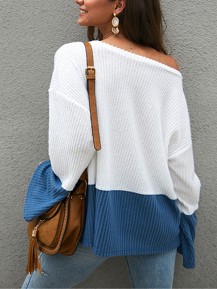 Plus Size Contrast Color One Shoulder Bell Sleeve Knit Sweaters Plus Size Contrast Color One Shoulder Bell Sleeve Knit Sweaters