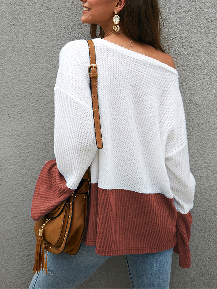 Plus Size Contrast Color One Shoulder Bell Sleeve Knit Sweaters Plus Size Contrast Color One Shoulder Bell Sleeve Knit Sweaters