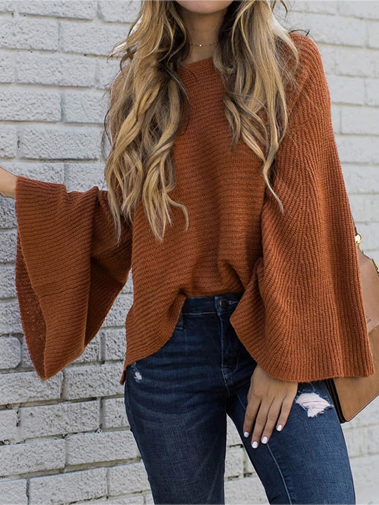 Women Autumn Knitted Bell Sleeve Casual Pullover Sweaters