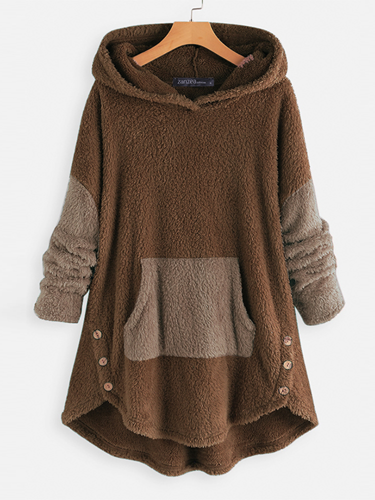 Women Contrast Color Splice Irregular Hem Hooded Fleece Sweatshirt Coats Women Contrast Color Splice Irregular Hem Hooded Fleece Sweatshirt Coats