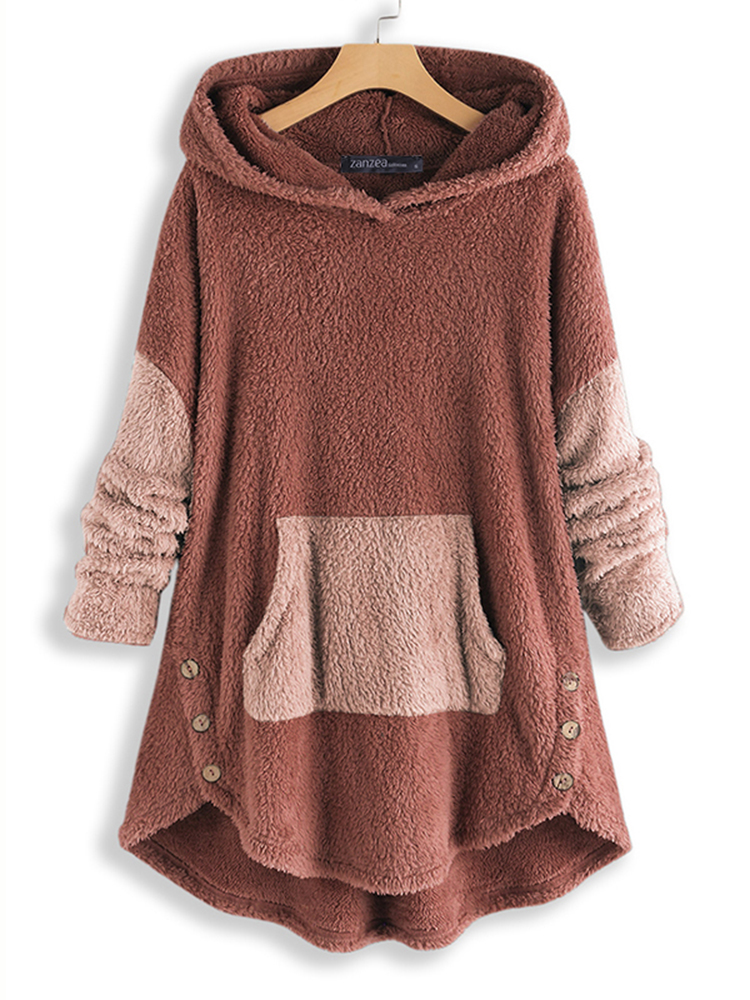 Women Contrast Color Splice Irregular Hem Hooded Fleece Sweatshirt Coats Women Contrast Color Splice Irregular Hem Hooded Fleece Sweatshirt Coats