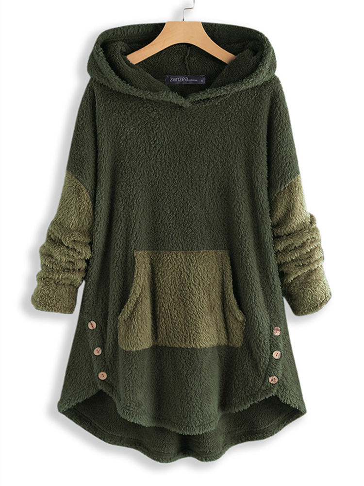 Women Contrast Color Splice Irregular Hem Hooded Fleece Sweatshirt Coats Women Contrast Color Splice Irregular Hem Hooded Fleece Sweatshirt Coats
