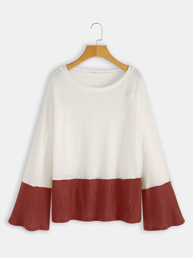 Plus Size Contrast Color One Shoulder Bell Sleeve Knit Sweaters Plus Size Contrast Color One Shoulder Bell Sleeve Knit Sweaters