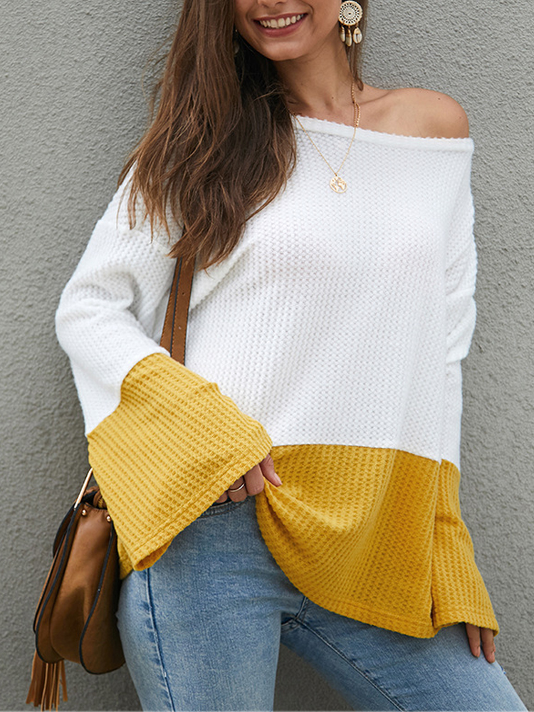 Plus Size Contrast Color One Shoulder Bell Sleeve Knit Sweaters Plus Size Contrast Color One Shoulder Bell Sleeve Knit Sweaters