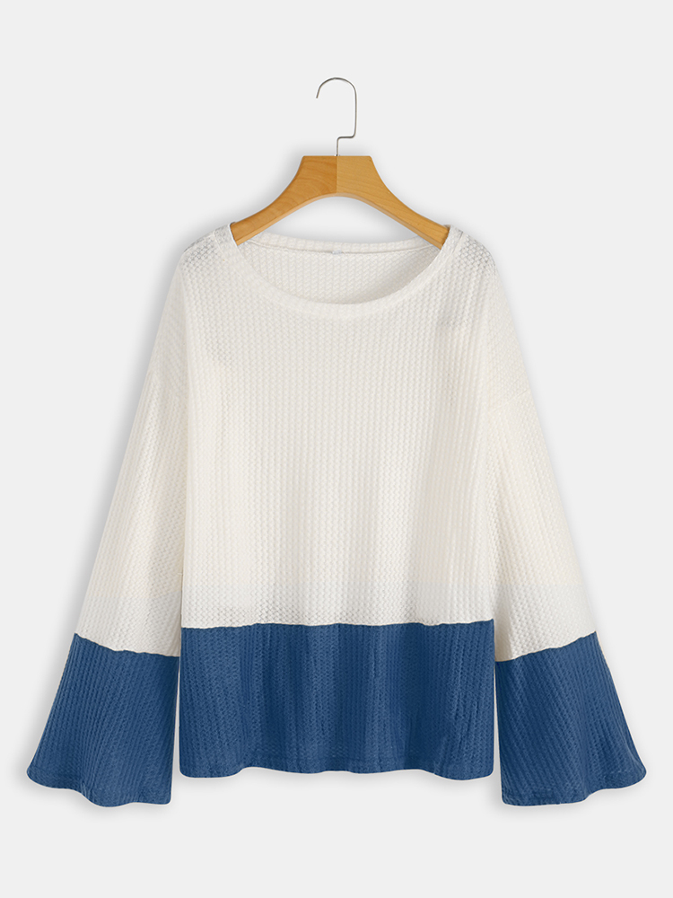 Plus Size Contrast Color One Shoulder Bell Sleeve Knit Sweaters Plus Size Contrast Color One Shoulder Bell Sleeve Knit Sweaters